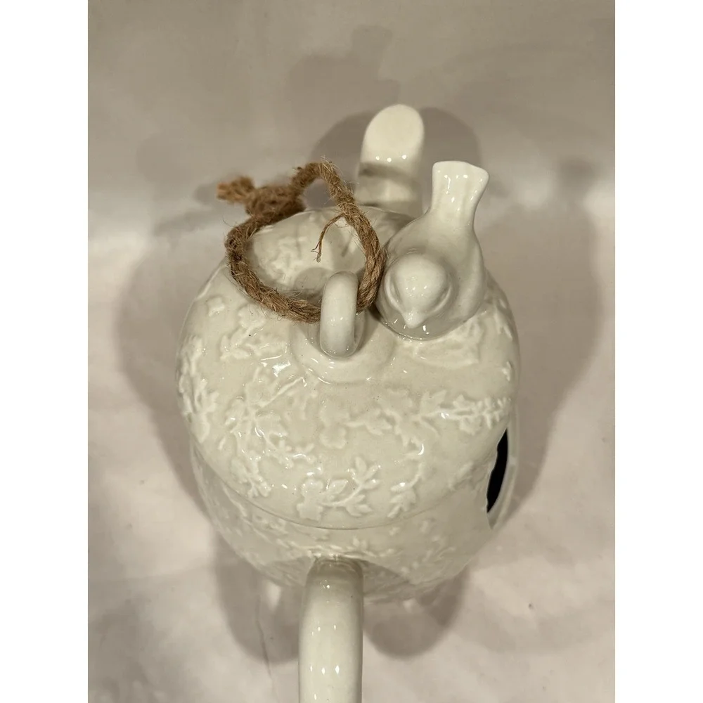 Vintage Hanging Ceramic Pottery‎ Tea Pot Birdhouse White Cream Color 7.5
